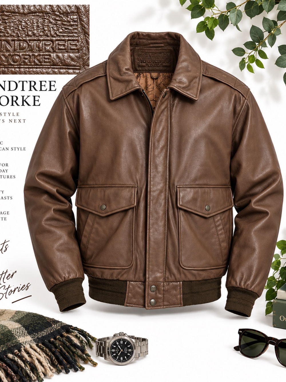 Roundtree & Yorke Genuine Leather Bomber Jacket Brown Aviator Old Money Luxury